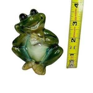 Vintage Green Ceramic Smiling Sitting Frog Figurine 3.5" Tall Kitschy